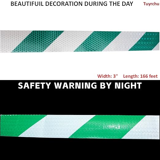 Reflective Tape Green White 3 inch Wide for Automobile, Outdoor Waterproof High Visibility Safety Warning Adhesive Strips (166 feet)