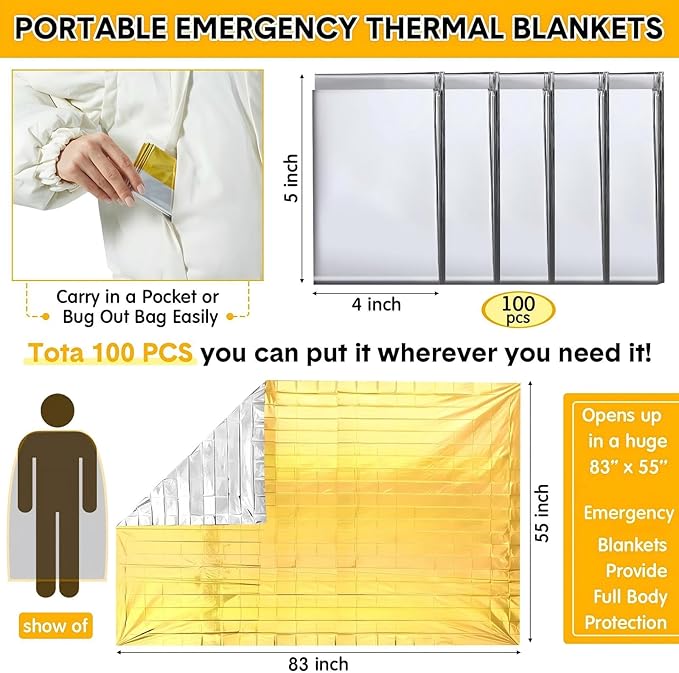 100 Pcs Emergency Blankets for Survival 83 x 55 Emergency Foil Thermal Reflective Space Blanket Bulk Waterproof Individually Wrap Survival for Car Camping Outdoor Homeless (Gold Silver)