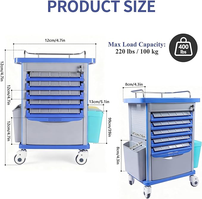 Kalolary Dual-Sided Lab Carts, Open Medication Bins Cart with 50 Medicine Boxes, Silent Casters, Movable Container, 2 Trash Bin-Medical Crash Cart for Lab, Clinic, Hospital, Salon, Blue