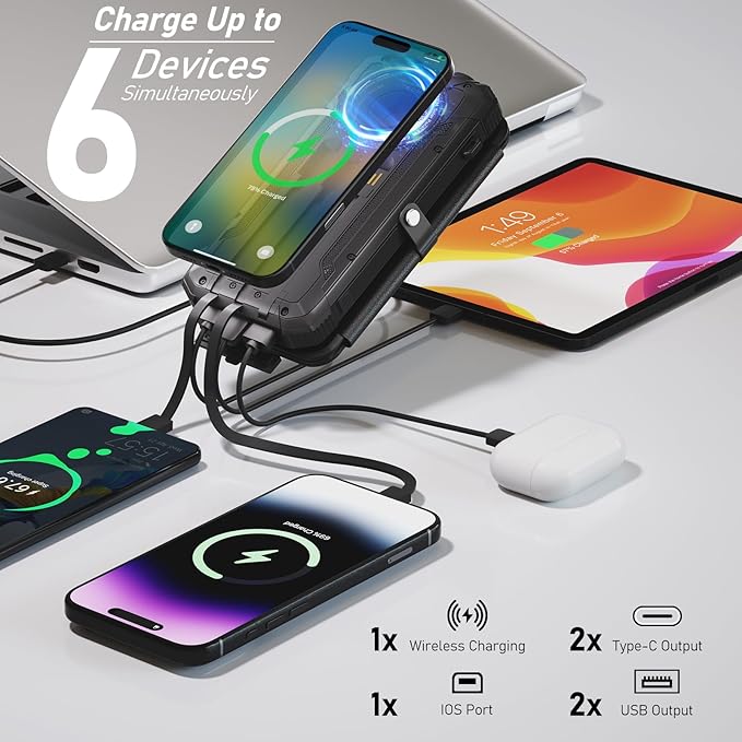 Portable Charger 20000mAh Solar Power Bank Built-in 3 Cables and Wireless Charging Battery Pack Compatible for iPhone, Samsung, IPX5 Waterproof, Bright Flashlight Perfect for Camping, Hiking, Outdoor