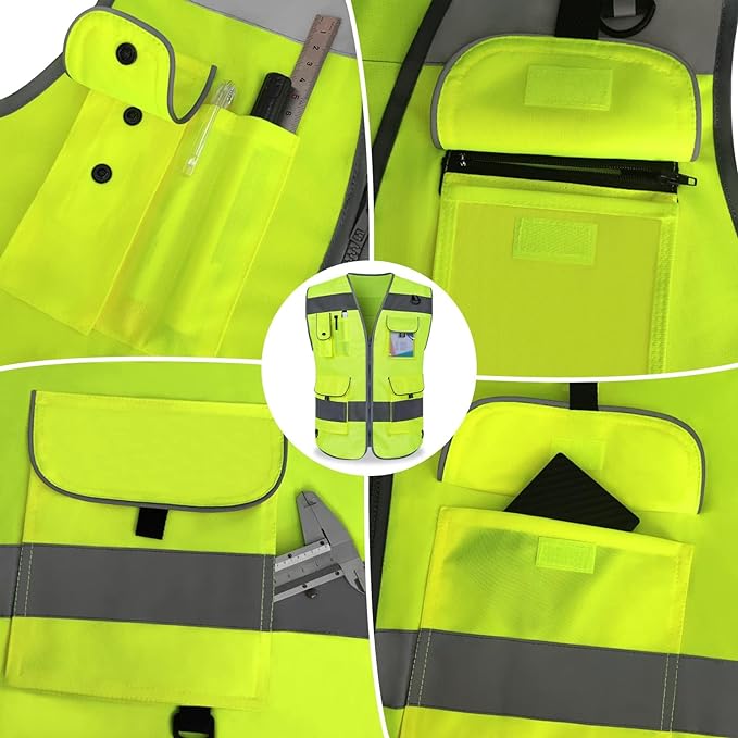 TCCFCCT Safety Vest for Men Women 9 Pockets High Visibility Vest for Safety, Reflective Work Vest with Reflective Strips, Meets ANSI/ISEA Standards, (Yellow, Large)