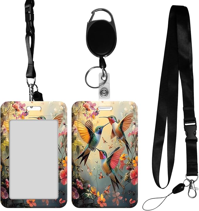 ID Badge Holder with Retractable Lanyard for Women & Men,Vertical ID Card Holder Wallet,Clear Window&Card Slot,Detachable Neck Strap for Nurse Teacher Office,Hummingbirds Among Blossoms