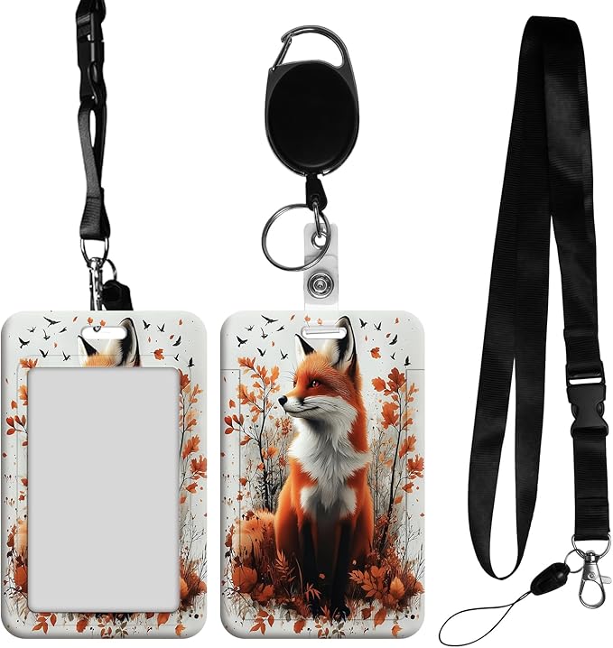 ID Badge Holder with Retractable Lanyard for Women & Men,Vertical ID Card Holder Wallet,Clear Window&Card Slot,Detachable Neck Strap for Nurse Teacher Office,Autumn Fox in Fall Foliage