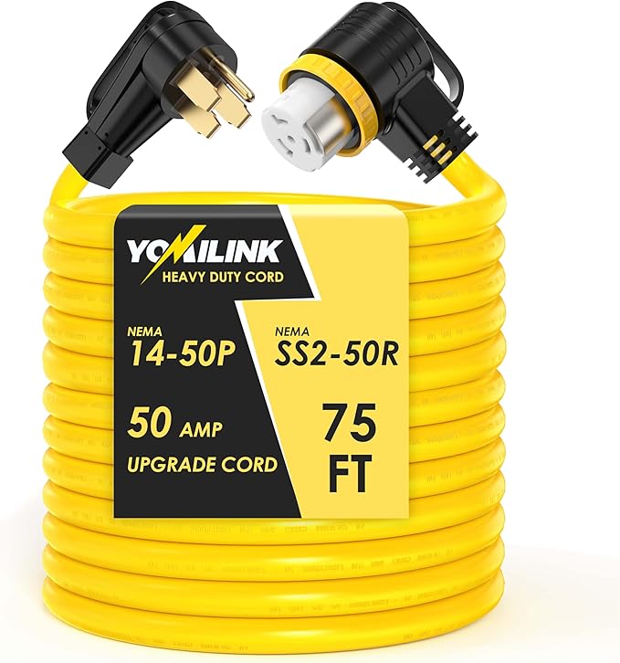 75 Feet 50 Amp RV/Generator Cord, 100% Copper Wire, NEMA 14-50P to SS2-50R Twist Lock, Newly Designed 90°Grip Handle, 6/3+8/1 Gauge STW Wire