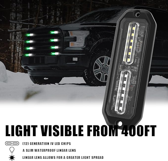 WINECO Green/White 8pcs Ultra Slim LED Emergency Strobe Police Lights, Surface Mount Grill Grille Hazard Safty Warning Flashing Light for Volunteer Trucks Vehicles