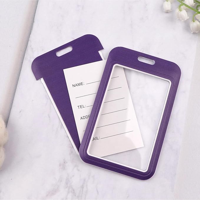 2-Pack Purple Card Holder Set, Clear Plastic ID Badge Holder, Top Slot for Lanyard & Keychain, Reusable PVC Card Sleeve for Work Office School Access Card