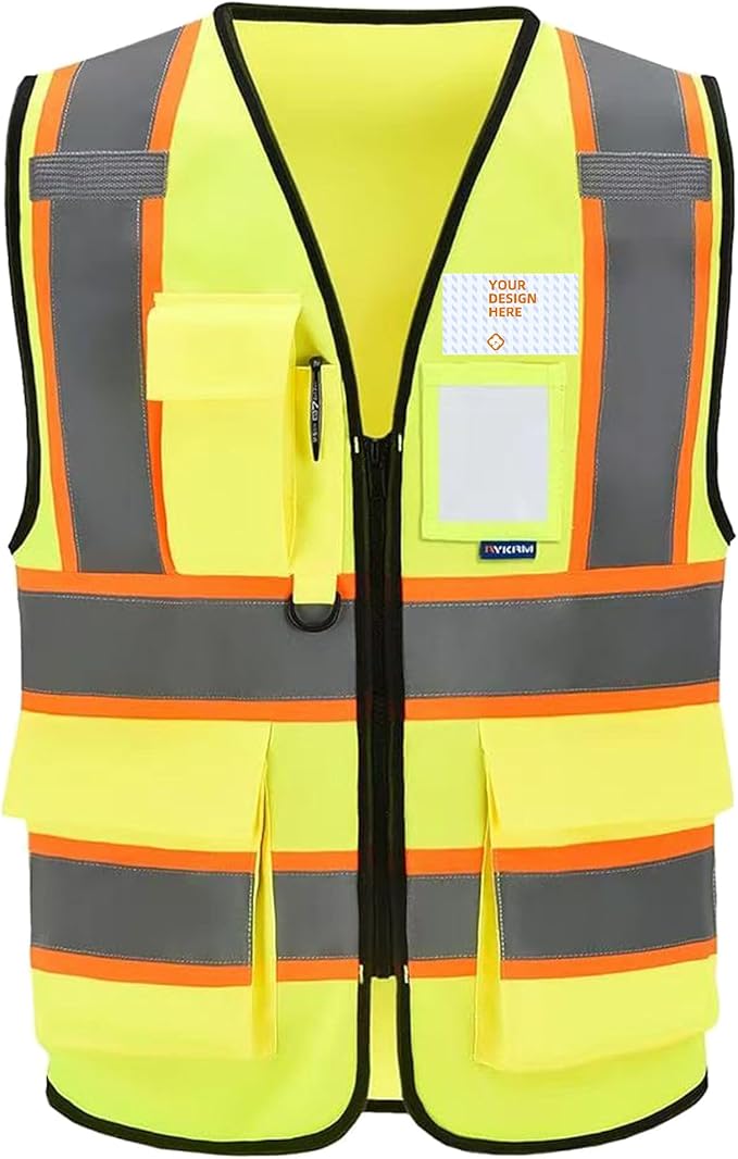 Custom Safety Vest Personalized Logo Hi Vis Class 2 Reflective Multi Pocket Zipper Construction Work Vest