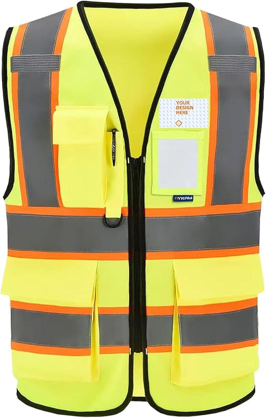 Custom Safety Vest Personalized Logo Hi Vis Class 2 Reflective Multi Pocket Zipper Construction Work Vest