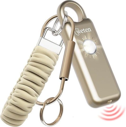 Weten Personal Safety Alarm Keychain – 130dB Siren with Bottom Speaker, LED Light, Wristlet & Carabiner Clip – Weatherproof Self Defense Alarm with Low Battery Alert (Gold Satin)