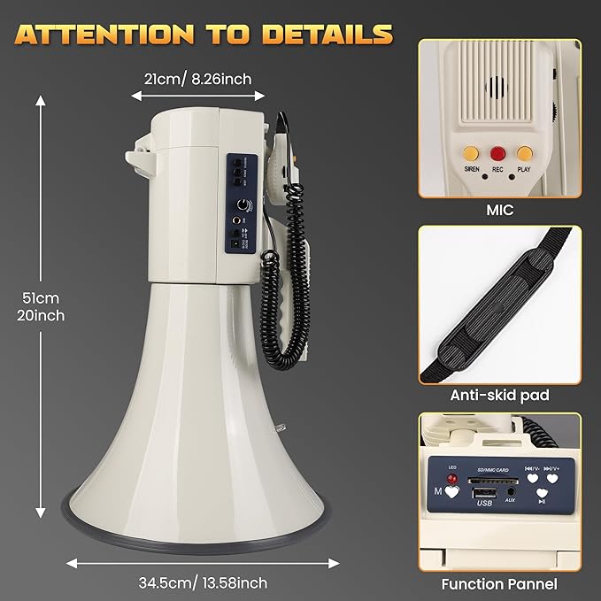 My Mealivos75W 2000 Professional Yard Sound Range Heavy PA Bullhorn Megaphone Speaker, Adjustable Volume, Loud Hand Held Megaphone, Outdoor Activities, Coaching, Football, Baseball, Hockey…