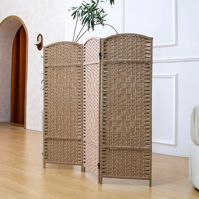 3 Panel Rattan Divider Short Room Partition Screen,Double Sided Folding Divider for Room Separation,Light Brown,47.2" H x 47.2" W