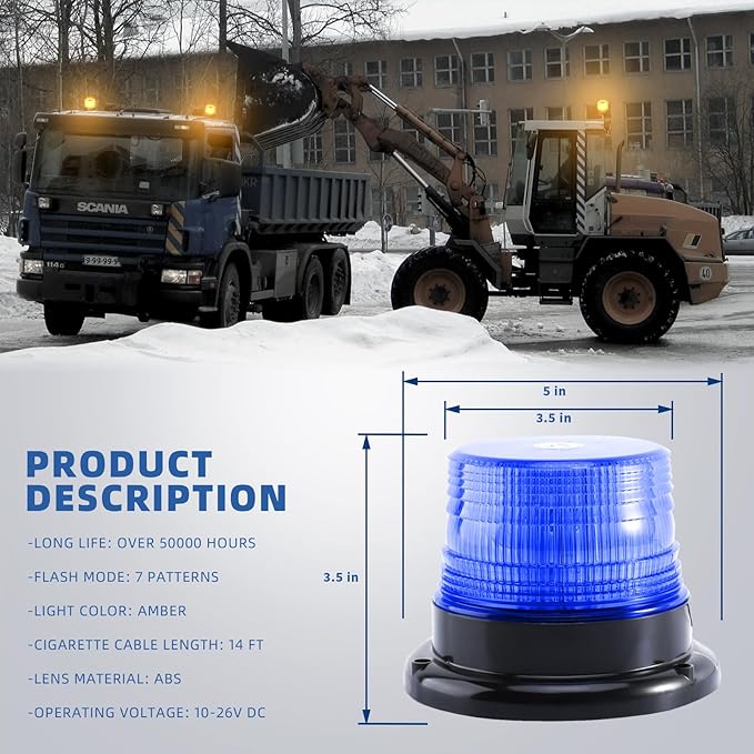 Blue LED Beacon Lights 12-24V Warning Safety Flashing Emergency Roadside Strobe Mini Light Bar with Magnetic Base for Snow Plow Truck Construction Vehicles Forklift Tractor Golf Carts 1-Pcs