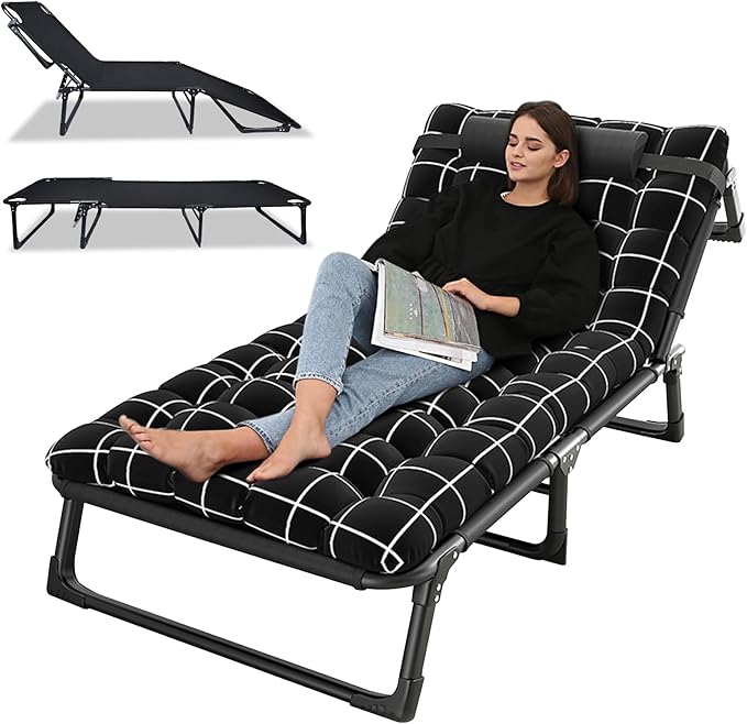 Camping Cot with Mattress, Portable Folding Cot for Sleeping Reclining Folding Chaise Outdoor Lounge Chair Sleeping Cots for Adults with Adjustable 4-Position Supports 440 LBS for Office Home Outdoor