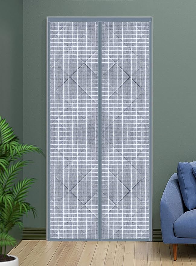 Magnetic Thermal Insulated Blackout Door Curtain Storm Wind Fleece Insulation Curtian Magnetic Screen Door with Thermal and Insulated Waterproof 50"x86" Inch Lattice Pattern Grey
