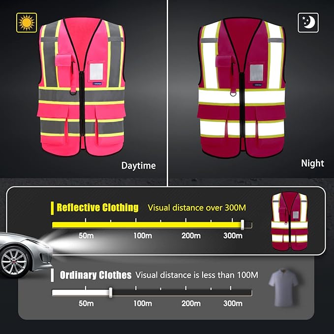 AYKRM Security Vest for Men Women 7 Pockets High Visibility Reflective Safety Vest Front Zipper Meets ANSI/ISEA
