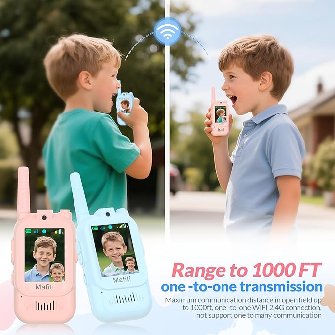 Mafiti Toys for 3 4 5 6 7 8 Year Old Boys Girls Mini Video Walkie Talkies for Kids 2 Pack Rechargeable 1000 Feet Range Birthday Indoor Outdoor (Blue+Pink)