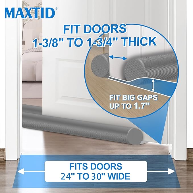 MAXTID Large Door Draft Stopper 30 Inch for Small Size Bedroom Door, Fits 0.5 to 1.7" Gaps Under Door Draft Air Blocker Grey Door Gap Stoppers Door Draft Guard for Bottom of Doors