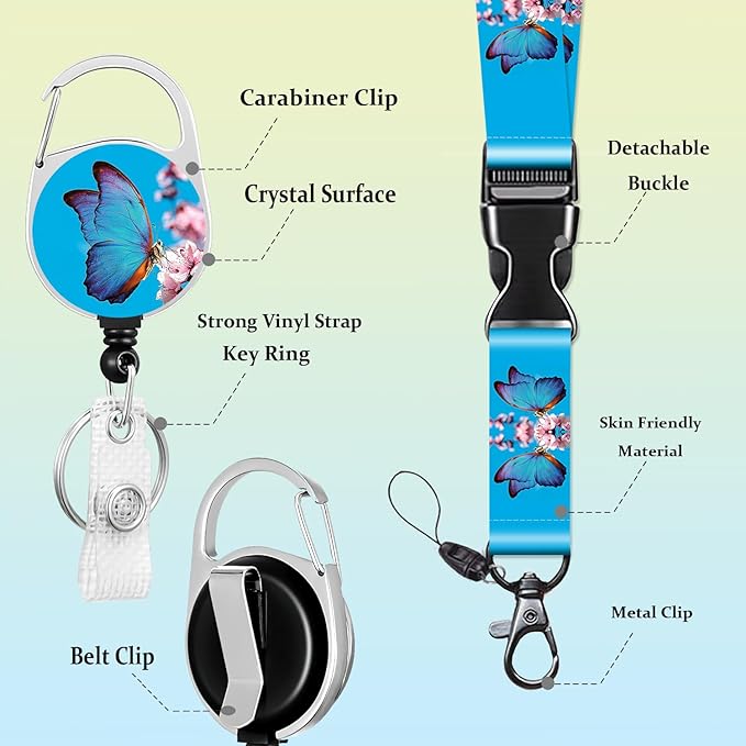 Blue Butterfly Badge Holder Lanyard ID Card Holders Detachable Name Tag Clips Cute Funny Nurse Teacher Office Gifts Women Man Cate Badge Holder