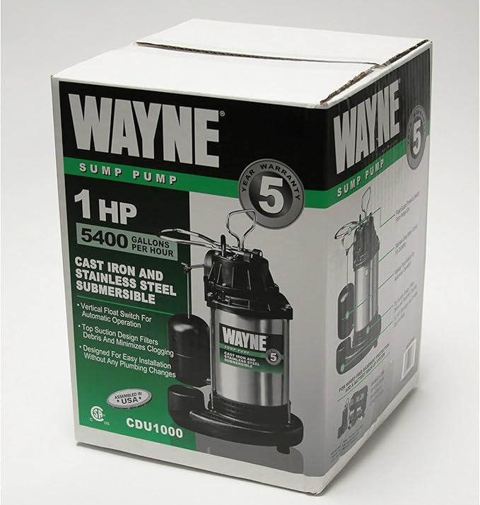 WAYNE - 1 HP Submersible Cast Iron and Stainless Steel Sump Pump with Integrated Vertical Float Switch - 6,100 Gallons Per Hour - Heavy Duty Basement Sump Pump