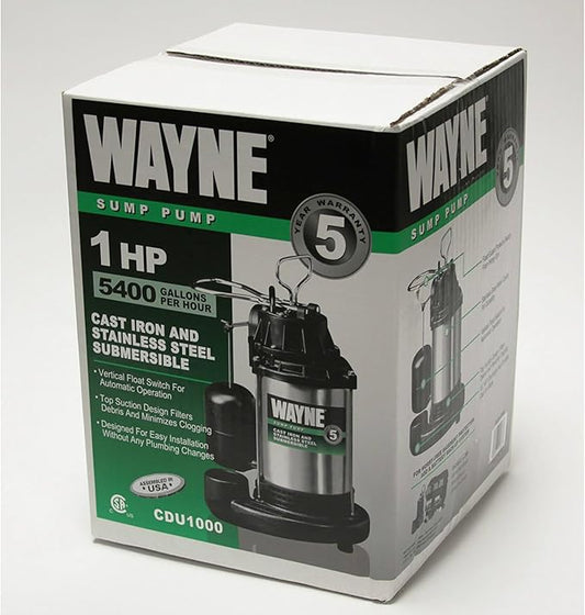 WAYNE - 1 HP Submersible Cast Iron and Stainless Steel Sump Pump with Integrated Vertical Float Switch - 6,100 Gallons Per Hour - Heavy Duty Basement Sump Pump
