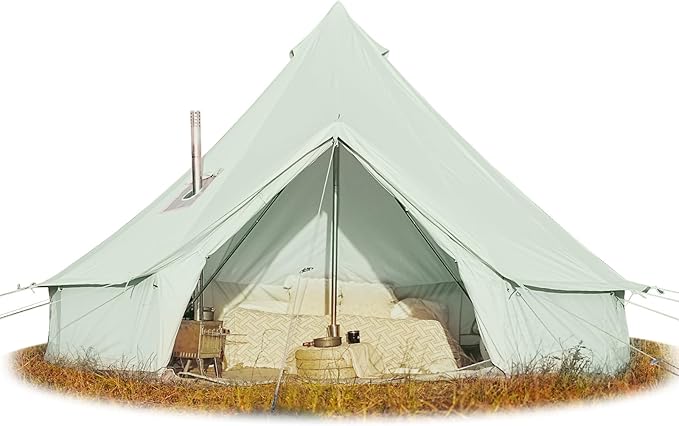 Cotton Canvas Bell Tent, Waterproof Large Tents with Sturdy Center & Door Pole and Space for 4/6/8 Person All 4 Season Camping Yurt Tent