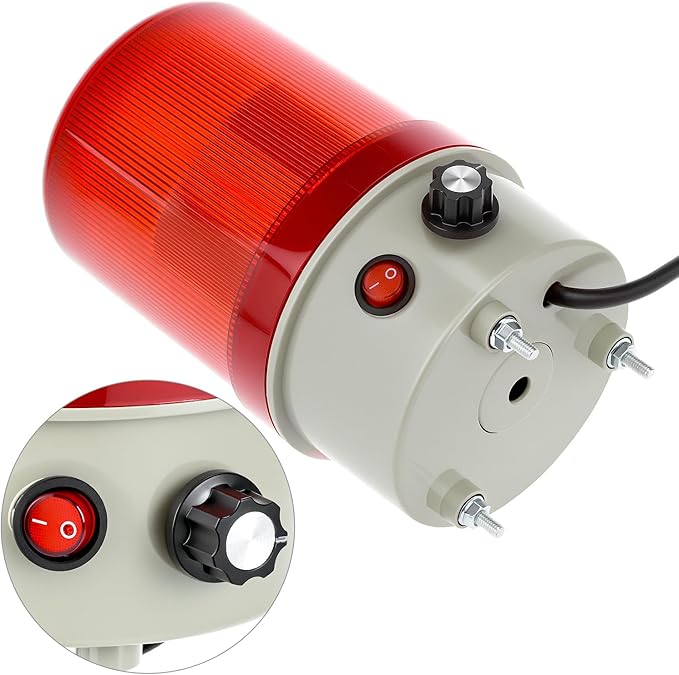 QWORK Industrial LED Rotating Warning Light, 110V AC Red Beacon Strobe for Public Emergency Alarms, Safety Siren Adjustable Volume