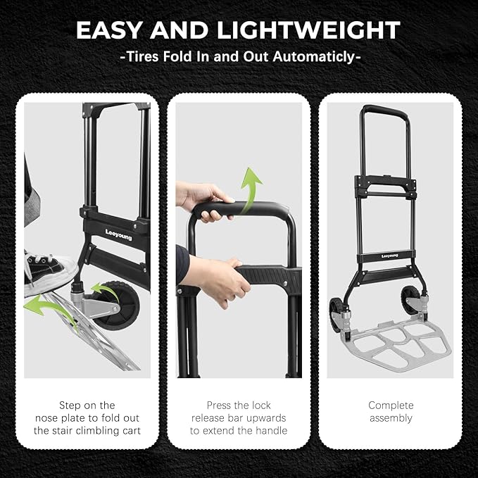 Leeyoung Dolly Cart and Folding Hand Truck，Heavy Duty 331lb Capacity Dolly for Moving，Aluminum Wheel Bracket and Steel Tube，Foldable Hand Truck with Anti-Slip Silent Wheels for Indoor/Outdoor Moving