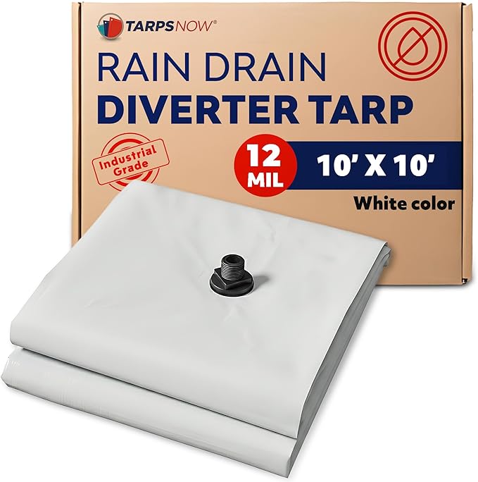 Heavy Duty Ceiling Leak Diverter Tarp with Drain Flange - Roof Water Diverter for Emergency Leaks - Water Leak Catcher with D-Rings - Effective Water Diverter - 10' x 10'