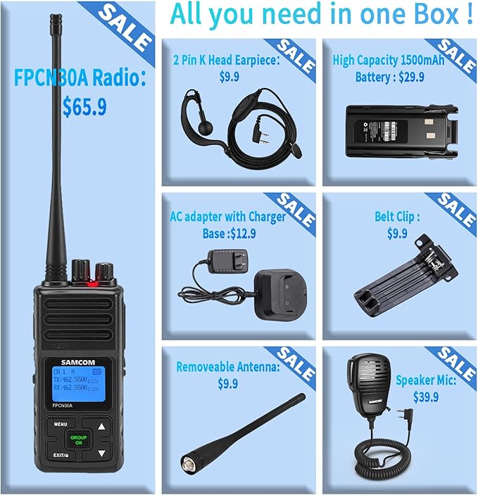 SAMCOM FPCN30A 5Watt Walkie Talkie Long Range Two Way Radio Rechargeable with Speaking Mic, SAMCOM 2-Way Radios Heavy Duty Walky Talky with Shoulder Mic, 2 Packs