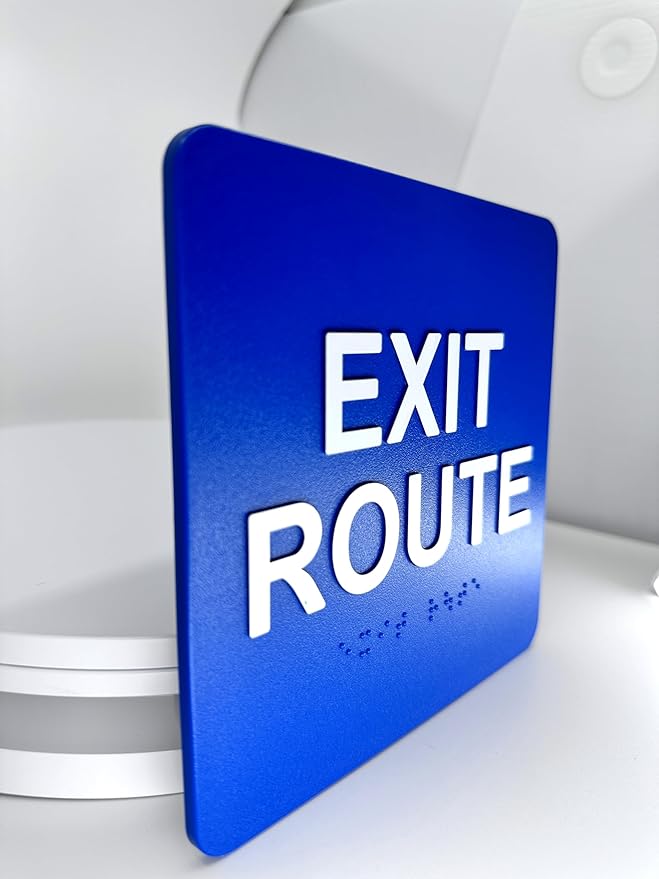 ADA Exit Route Sign with Braille and Raised Letters, ADA Compliant 6"x6" with 3M Double Sided Tape (Blue)