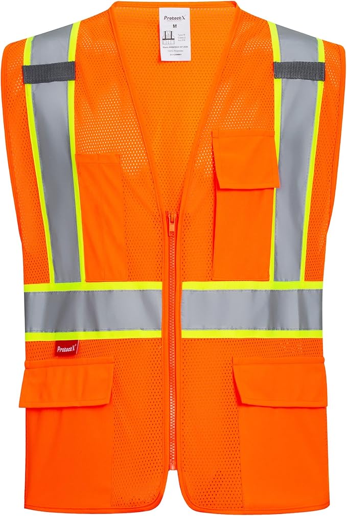 ProtectX Safety Vest for Men Women ANSI Class 2 High Visibility Mesh Reflective Construction Vest with 4 Pockets