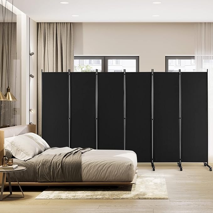 Giantex 6 Panel Room Divider, 132''W x 68''H Large Folding Privacy Screen, Rolling Partition Room Dividers for Home Office Studio Separation, Freestanding Fabric Wall Divider Screen on Wheels, Black