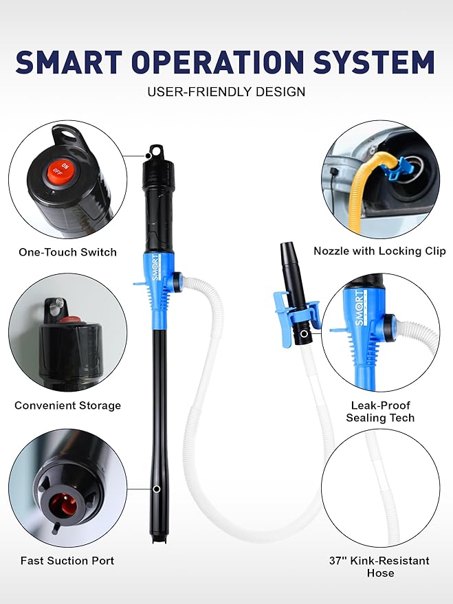 SMART JERRY - Battery Operated Fuel Pump | Electric Oil Transfer Pump for Gasoline, Diesel, Water, Transmission | 3 GPM Hand Pump with Locking Clip