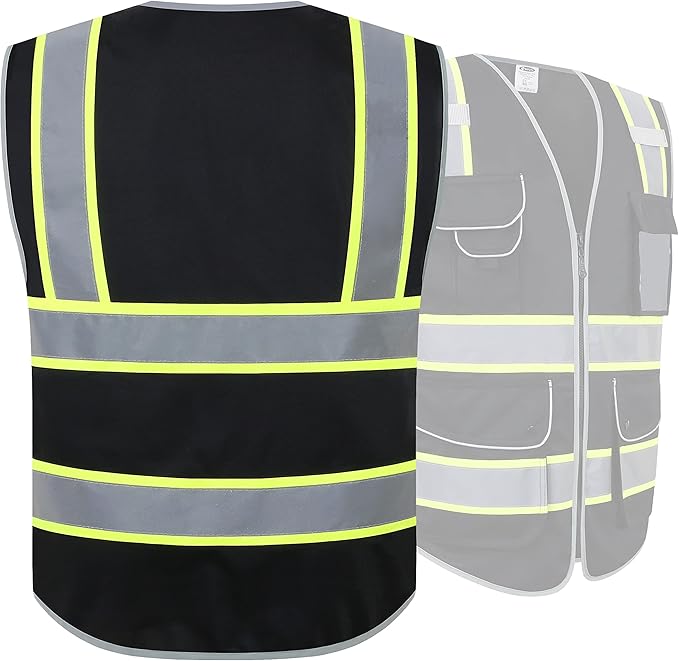 JKSafety 9 Pockets Hi-Vis Black Color Zipper Front Safety Vest Fluorescent Yellow Strips outlining the Reflective Tapes ANSI/ISEA Class 1 (901-Black, 5X-Large)