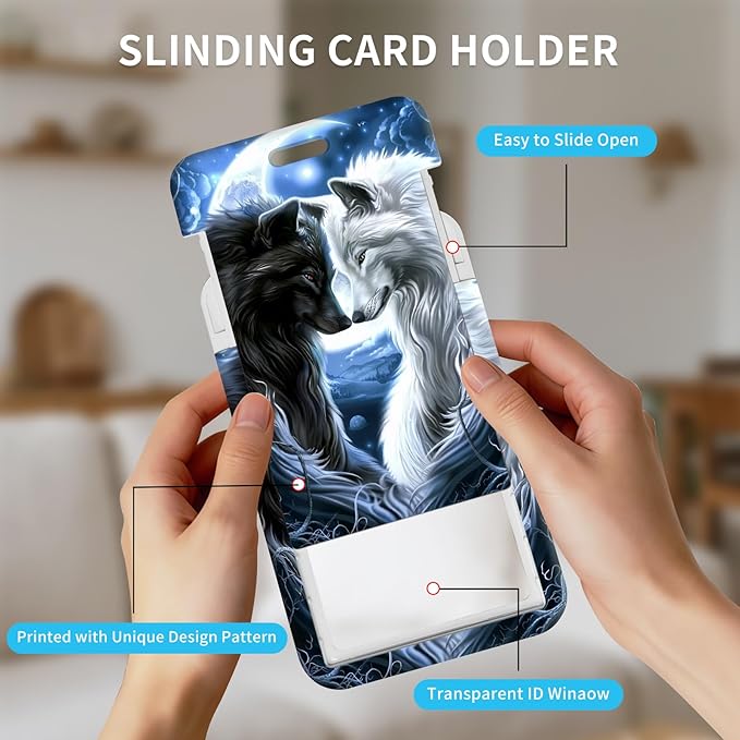 ID Badge Holder with Retractable Lanyard for Women & Men,Vertical ID Card Holder Wallet,Clear Window&Card Slot,Detachable Neck Strap for Nurse Teacher Office,Wolves Love