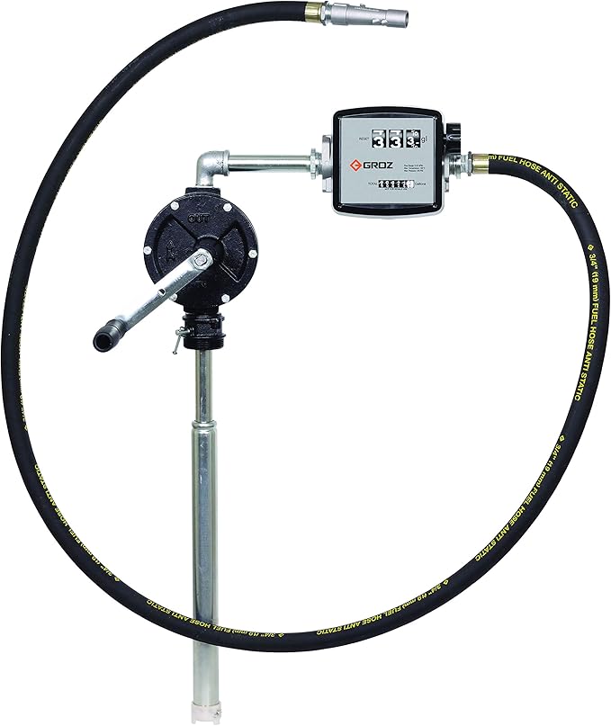 Groz 44087 Rotary Fuel Pump, with Mechanical Diesel Meter, 8' Discharge Hose, Nozzle and Hanger