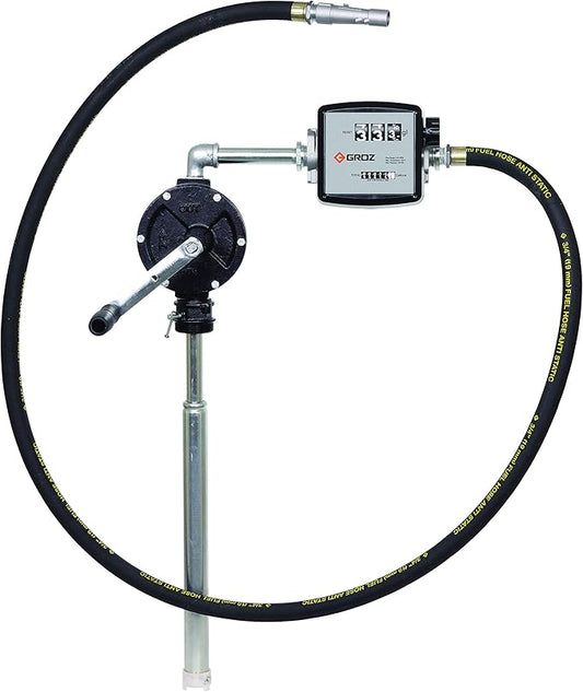 Groz 44087 Rotary Fuel Pump, with Mechanical Diesel Meter, 8' Discharge Hose, Nozzle and Hanger