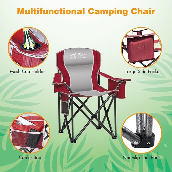 2PCS Folding Camping Chair Portable Outdoor Heavy Duty Padded Chairs Lawn Chair with Cup Holder, Storage Pocket and Cooler Bag, Supports 450LBS Red