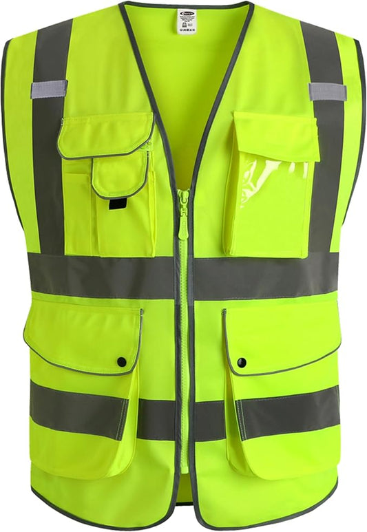 JKSafety 9 Pockets Class 2 High Visibility Zipper Front Safety Vest With Reflective Strips,Meets ANSI/ISEA Standards (5X-Large, 150-Yellow)