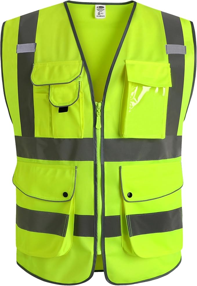 JKSafety 9 Pockets Class 2 High Visibility Zipper Front Safety Vest With Reflective Strips,Meets ANSI/ISEA Standard (XX-Large, Yellow)