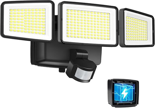 UME Battery Powered Motion Sensor Outdoor Lights 302 LED 1800LM, IP65 Waterproof Battery Operated Flood Lights Outdoor, 3 Heads Security Motion Light with 3 Modes for Garden Patio Yard