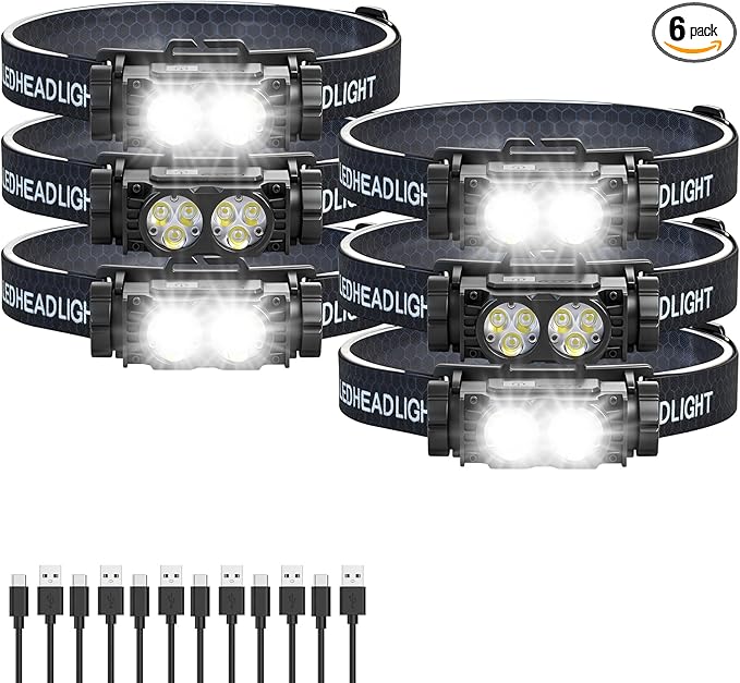 Bud K 6pack Headlamp Rechargeable, 5000L Super Bright Light LED Rechargeable Headlight, 3 Modes, Detachable Flashlight & Waterproof Head Lamp for Adult, Running, Outdoor, Emergency, Hard Hat Light