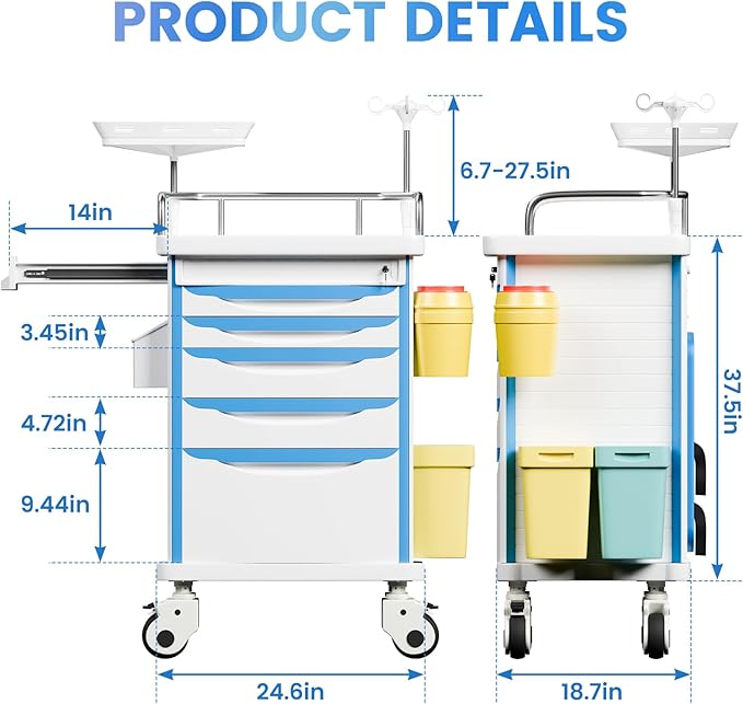 Medical Crash Cart with Emergency Accessory-CPR Board, IV Pole, O2 Holder, Trash Bin, 5 Drawers Nursing Cart with Dividers for Hospital, Clinic, Lab