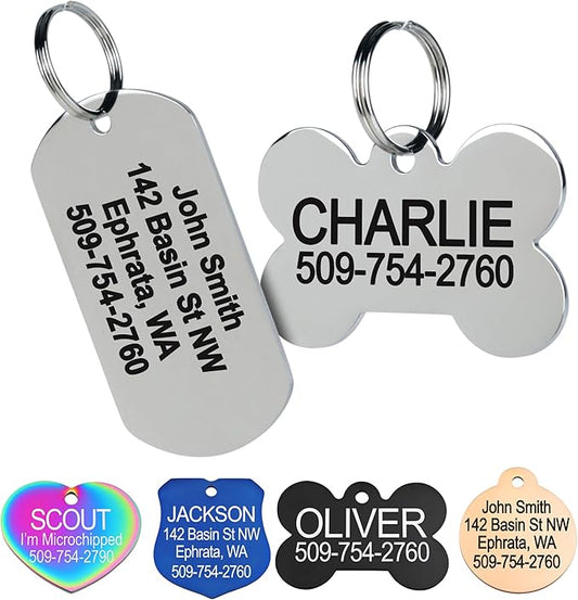 GoTags Stainless Steel Pet ID Tags, Personalized Dog Tags and Cat Tags, up to 8 Lines of Custom Text, Engraved on Both Sides, in Bone, Round, Heart, Bowtie and More (Rectangle, Small (Pack of 1))