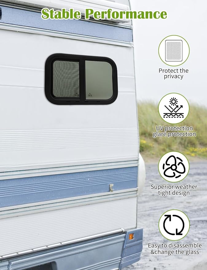 21"x14" RV Sliding Window - Horizontal Teardrop Style, DOT-Certified Tempered Glass & Trim Kit, Aluminum Alloy Frame w/Mesh Screen