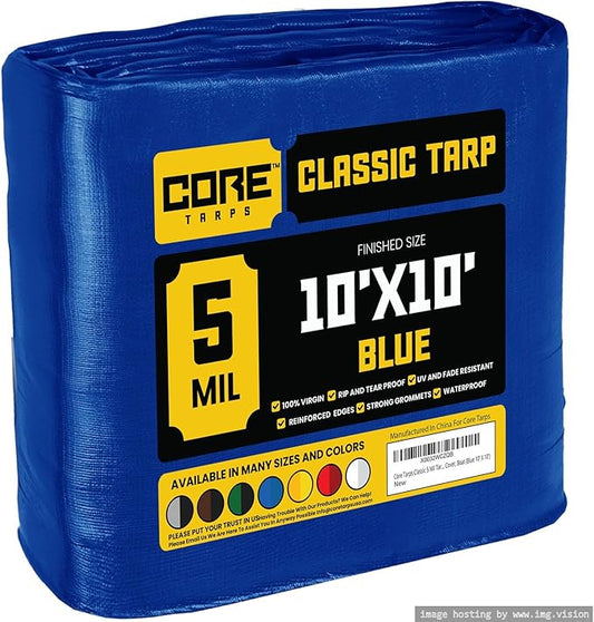 Core Tarps Classic 5 Mil Tarp Cover, Waterproof, UV Resistant, Rip and Tear Proof, Poly Tarpaulin with Reinforced Edges for Roof, Camping, Patio, Pool Cover, Boat (Blue 10′ X 10′)