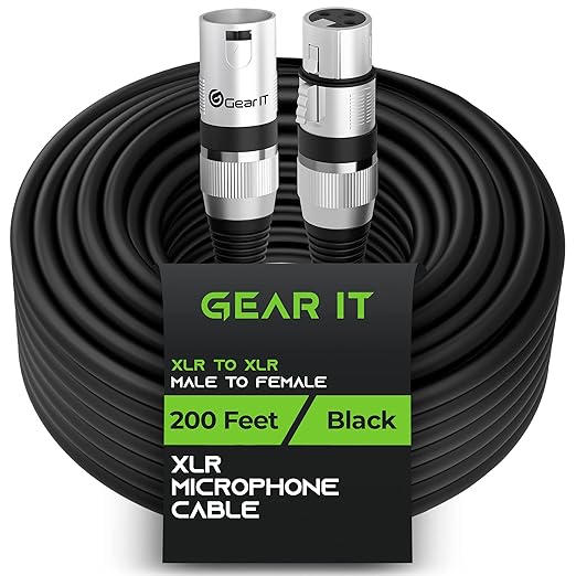 GEARit XLR Male to Female Microphone Cable (200 Feet, 1 Pack) 3-Pin Balanced Shielded Mixer, Recording Studio, Podcast - Black