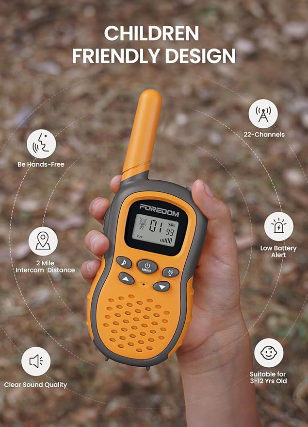 FOREDOM Walkie Talkies for Kids Walkie Talkies Long Range for Boys Age 3 to 12 Year Old Birthday Toys with Flashlight, Lanyards, 2 Pack - Orange