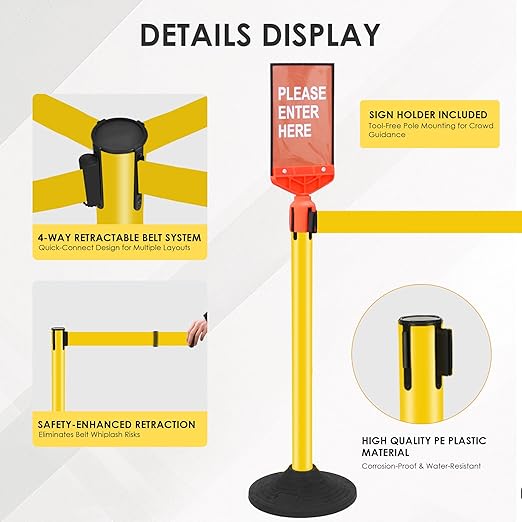 6 Pack Stanchions with Retractable Belts - Heavy Duty Crowd Control Barriers with Weighted Rubber Base, Retractable Belt Stanchions for Queue Line, Events, Public Safety(Yellow，6 Pack）