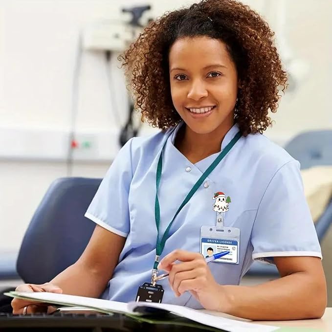 Cute Christmas Colored Lights Ghost Badge Reel Winter Holly Nurse Nursing Badge Clip with Retractable & Rotate Alligator Clip Christmas Badge Holder for RN CNA LPN Medical Worker